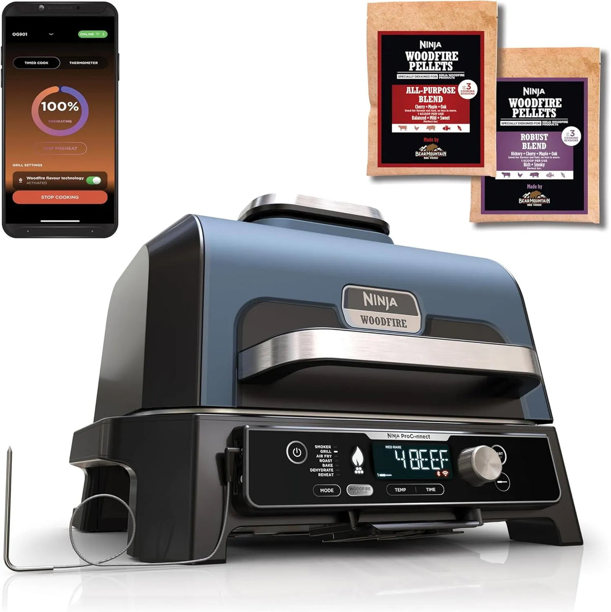 Ninja Grill OG901EU, 7-in-1 Outdoor elektrisch & Air Fryer mit Woodfire Pellets, digitaler Temperaturfühler, in Schwarz, App-Steuerung, wetterfest
