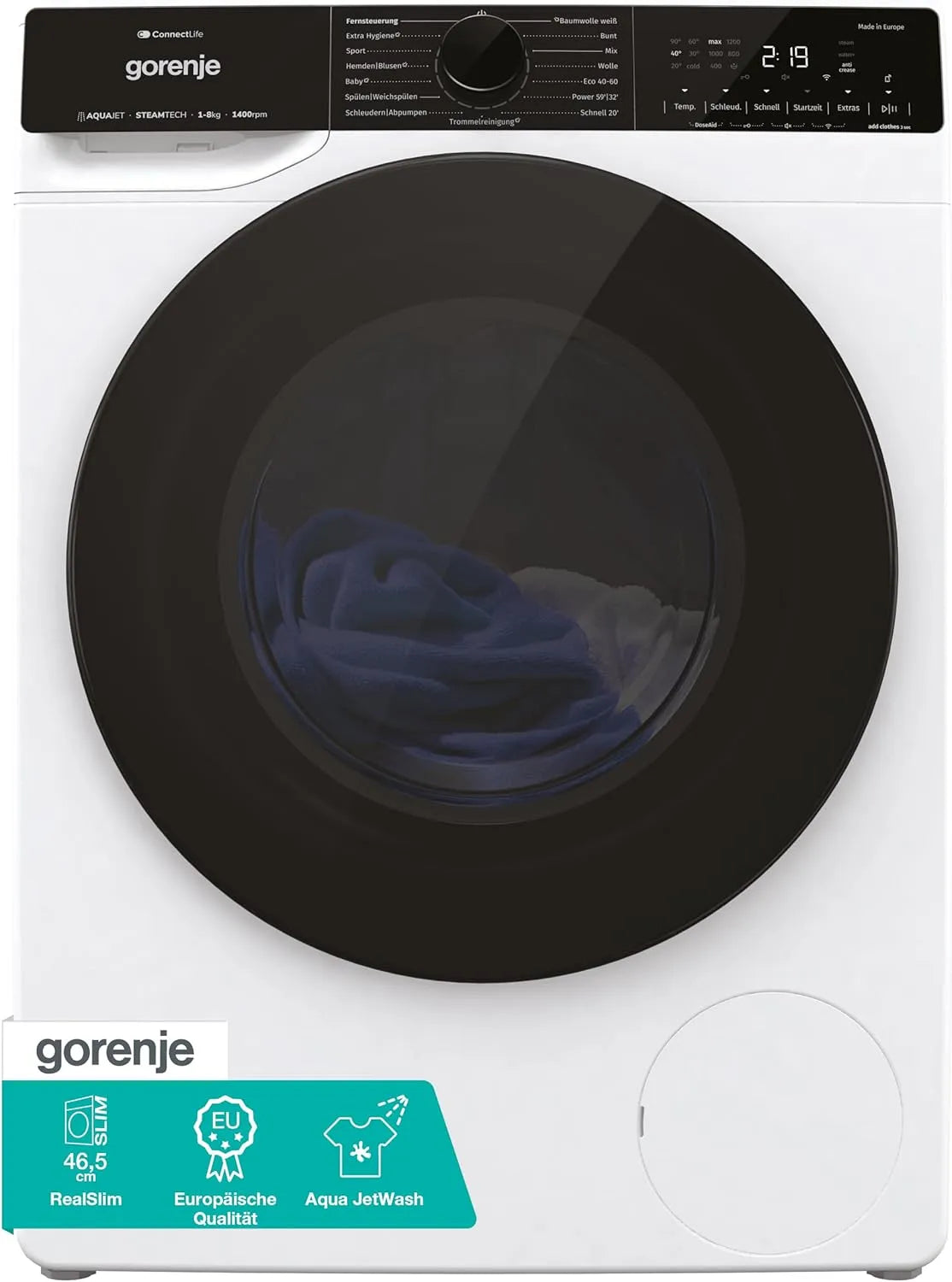 Gorenje Waschmaschine WPNA 84 1400, SATSWIFI mit Dampffunktion, Slim Line, Total AuaStop, Kindersicherung, Gewicht 8 kg, Inverter PowerDrive Motor
