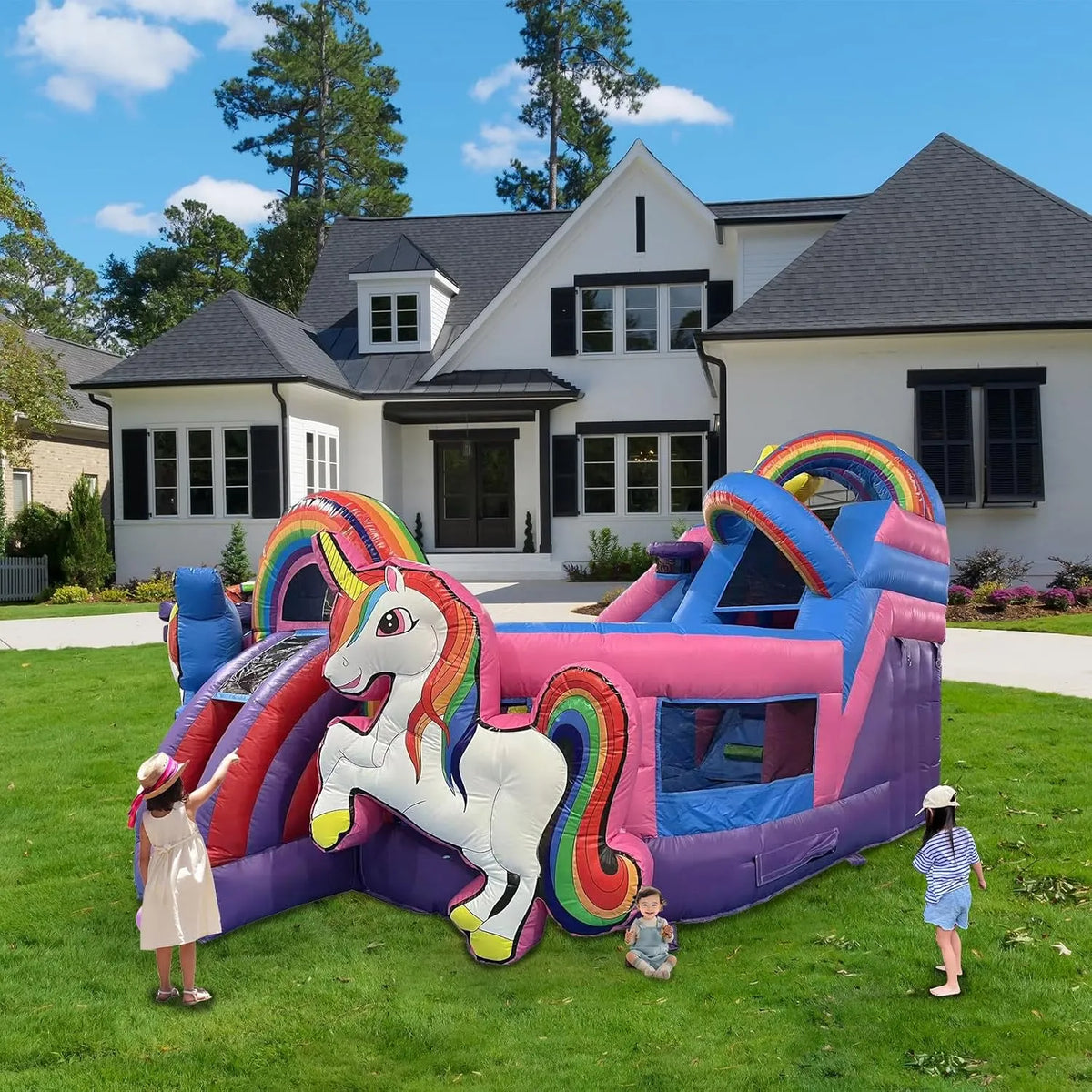 Hüpfburg mit Gebläse XXL Profi, Aufblasbares Schloss mit Basketballkorb für 6-8 Kinder 480 * 580 * 350cm, 0,55mm PVC Kinderspielplatz