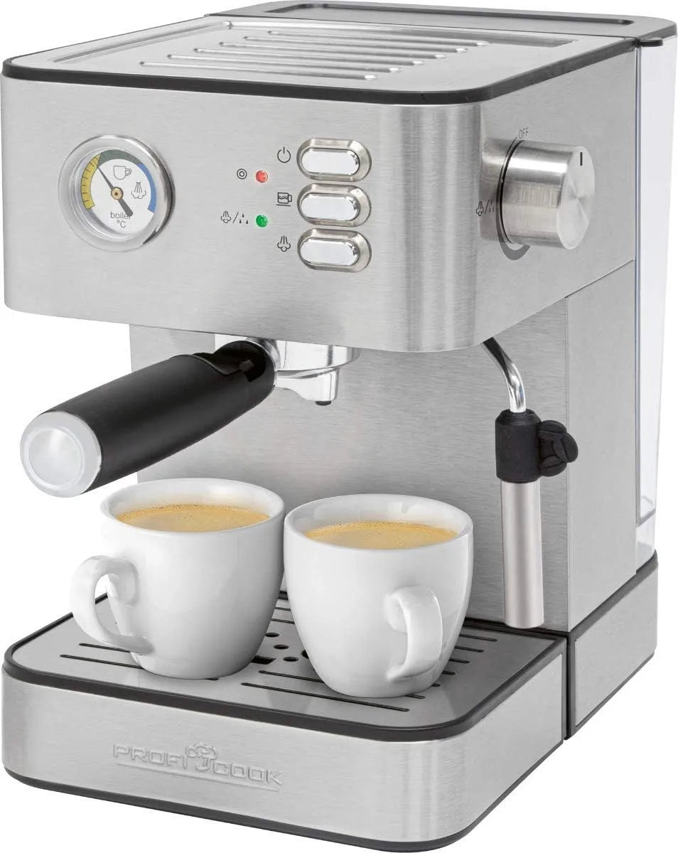 Espressomaschine PC-ES 1209, 20 Bar, Wassertank 1,8 Liter, Profi Cook Espressoautomat, Kaffee, Edelstahlgehäuse, abnehmbar, Tassenvorwärmfunktion