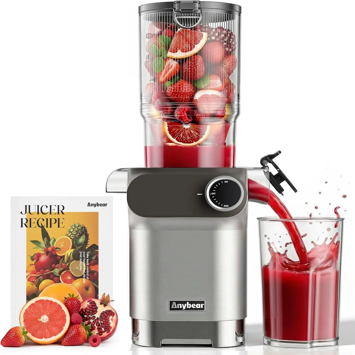 Entsafter Anybear, Leistung 200W Slow Juicer Kaltentsafter, Gemüse, BPA-frei, Silbergrau, mit 110 mm großem Einfüllschacht für ganze Früchte
