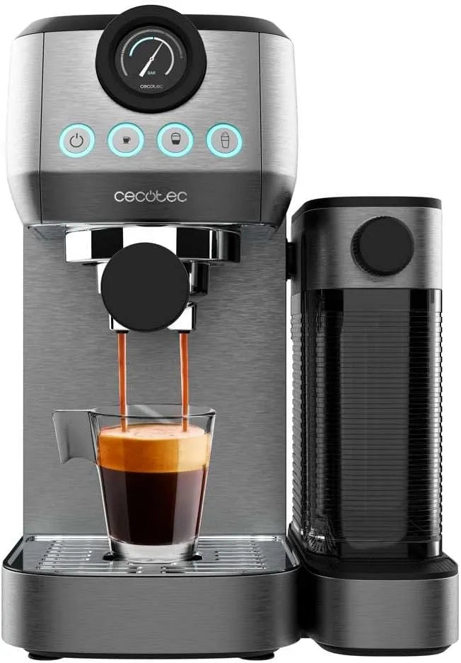 Cecotec Espressomaschine, Halbautomatische Power Espresso 20 Steel Pro Latte. 1350 W, ForceAroma-Technologie mit 20 Bars, Thermoblock, Full-Milk-Tank