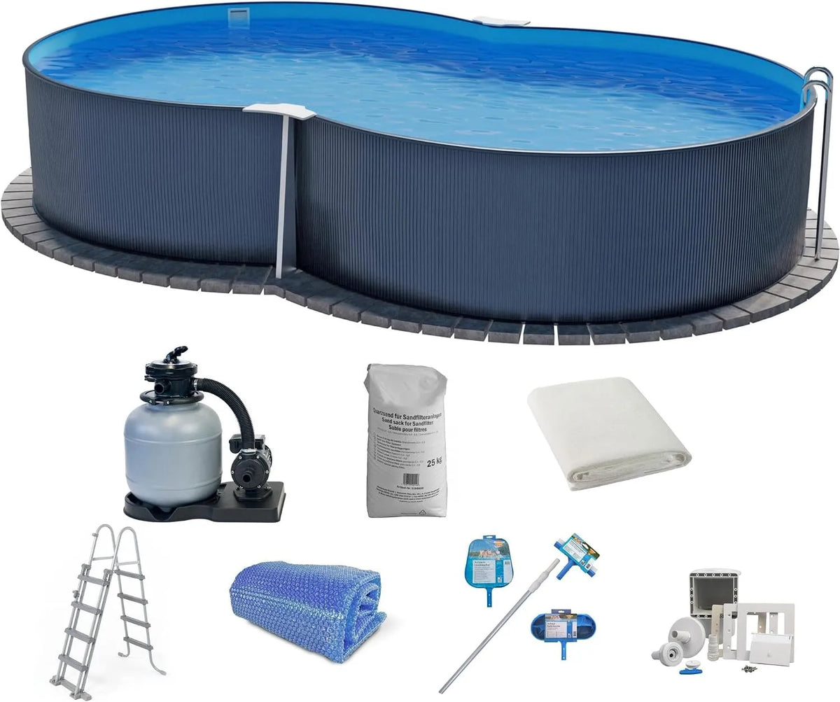 Pool, hoch achtform 470x300x120 cm, Stahl 0,4 mm anthrazit Folie 0,4 mm blau, 8-teilig, Stahlwandpool Set