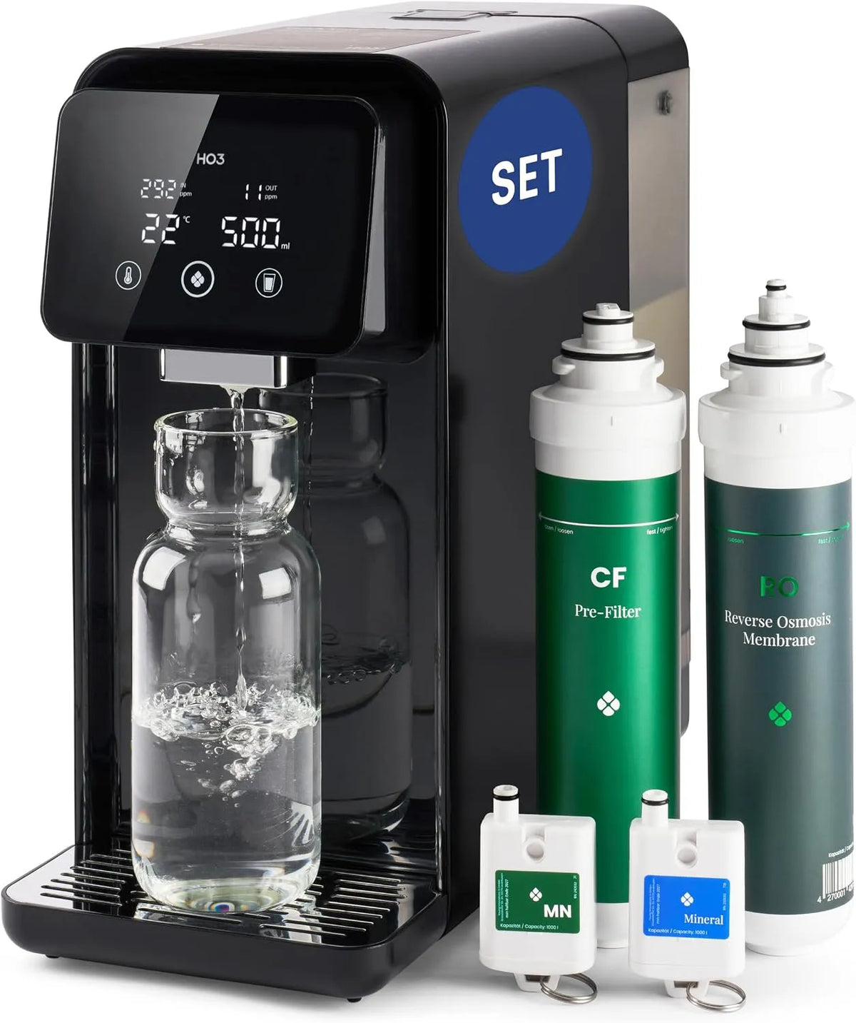 One Auftisch Osmoseanlage für Trinkwasser mit 4 Temperaturstufen Modell HO3 Home, 50, 85, 95°C, 10 Stufen Wasserausgabe, RT, mit Echtzeit TDS