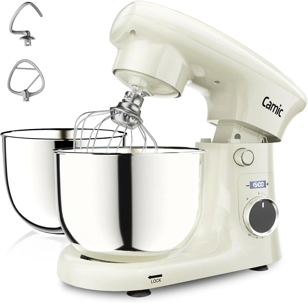 Küchenmaschine 4L+5L Camic, 10 Geschwindigkeitsstufen, Knet, Schneebesen, Zeit einstellen, Brot, mit 3 Zubehörteilen, 2 Edelstahlschüsseln, Rühr