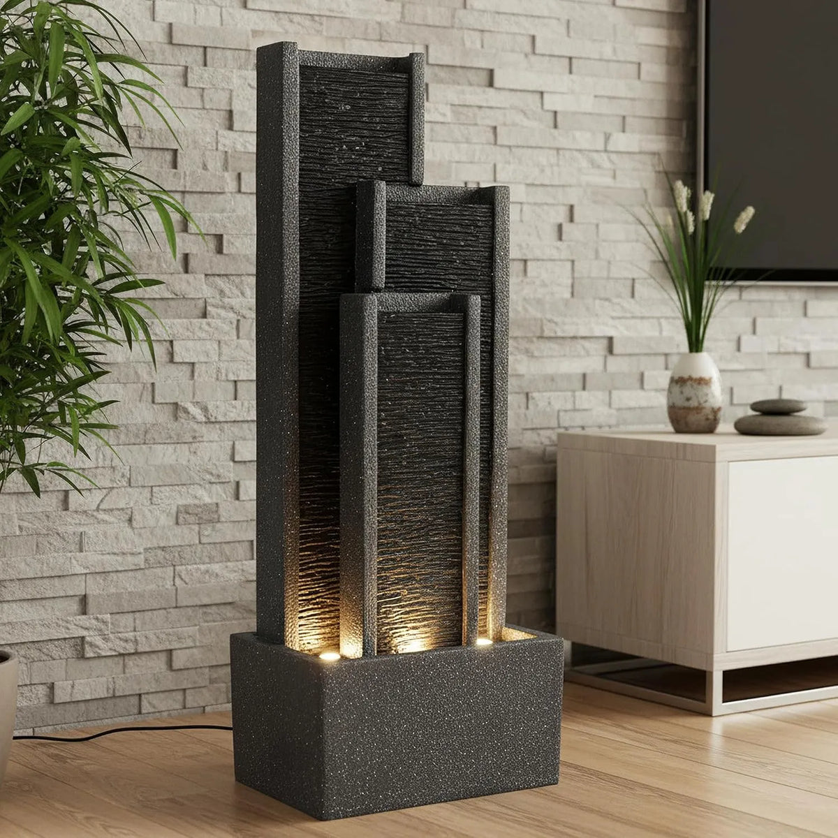 BK903 Gartenbrunnen, Wasserwand 99 cm Standbrunnen Springbrunnen, mit Beleuchtung Wasserfall Gartendeko Zimmerbrunnen