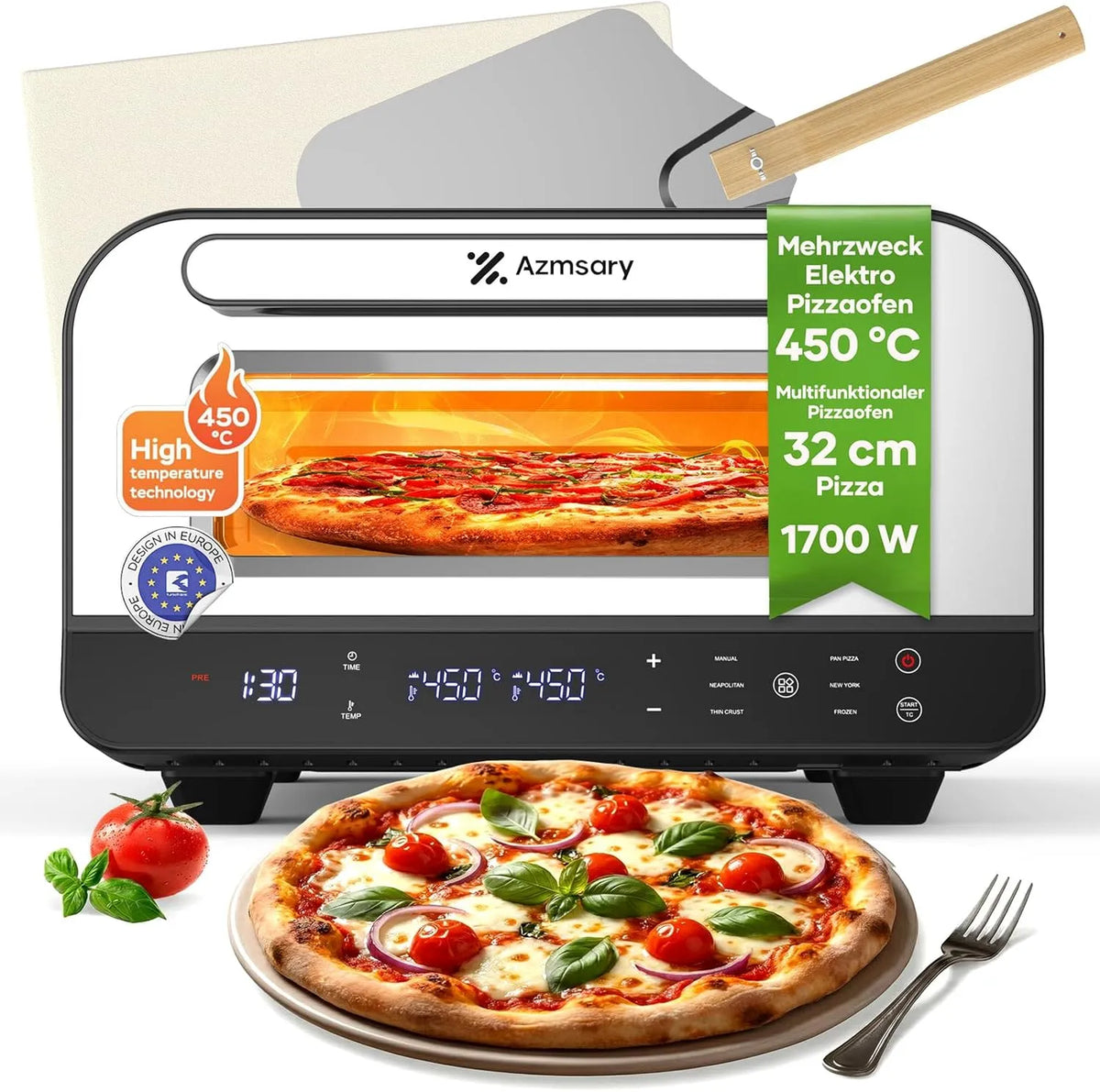 Grill 5-in-1-Multifunktion, max. 450°C, 6 Betriebsprogramme, Leistung 1700W, geeignet für 32cm Pizzen, Elektrischer Pizzaofen, Grillen, Warmhalten