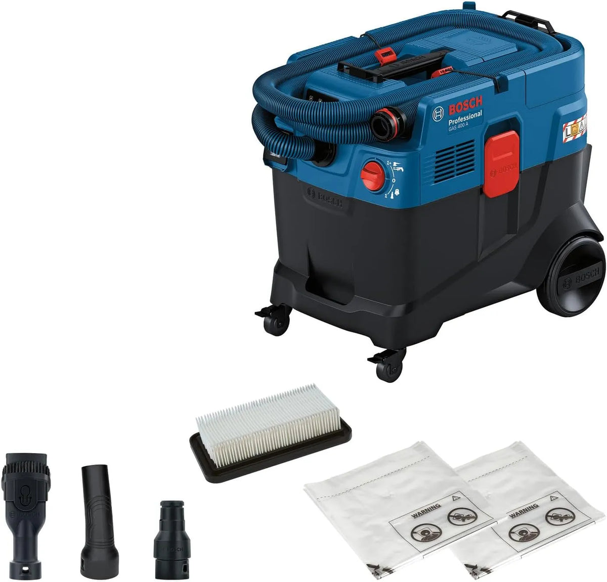Bosch Professional Allessauger Gas 400 A, Leistung 1200 W, 2X Entsorgungssack, automatische Filterreinigung, AFC, inklusive. Hauptfilter, Schlauch
