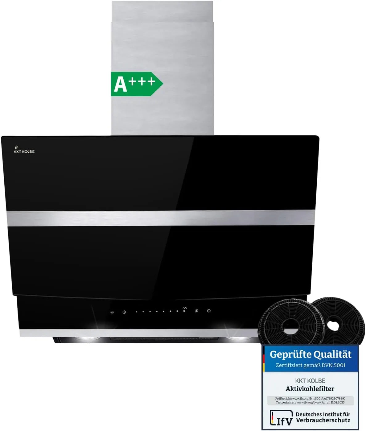 Dunstabzugshaube HERMES6005S KKT KOLBE A+++, 60 cm Kopffreie Wandhaube Edelstahl schwarzes Glas Nachlaufautomatik LED-Beleuchtung