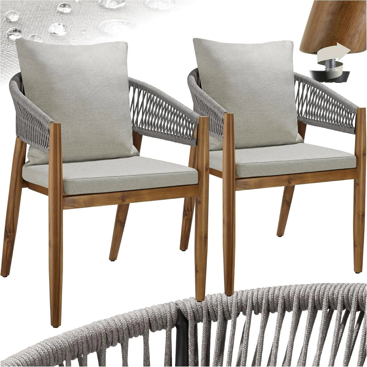 Modell Set 2er tectake Gartenmöbel, Gartenstuhl Holz Rope Design, Balkon Sessel, Outdoor Möbel, Gartenstühle, Balkonmöbel, Terrassenmöbel, Greige