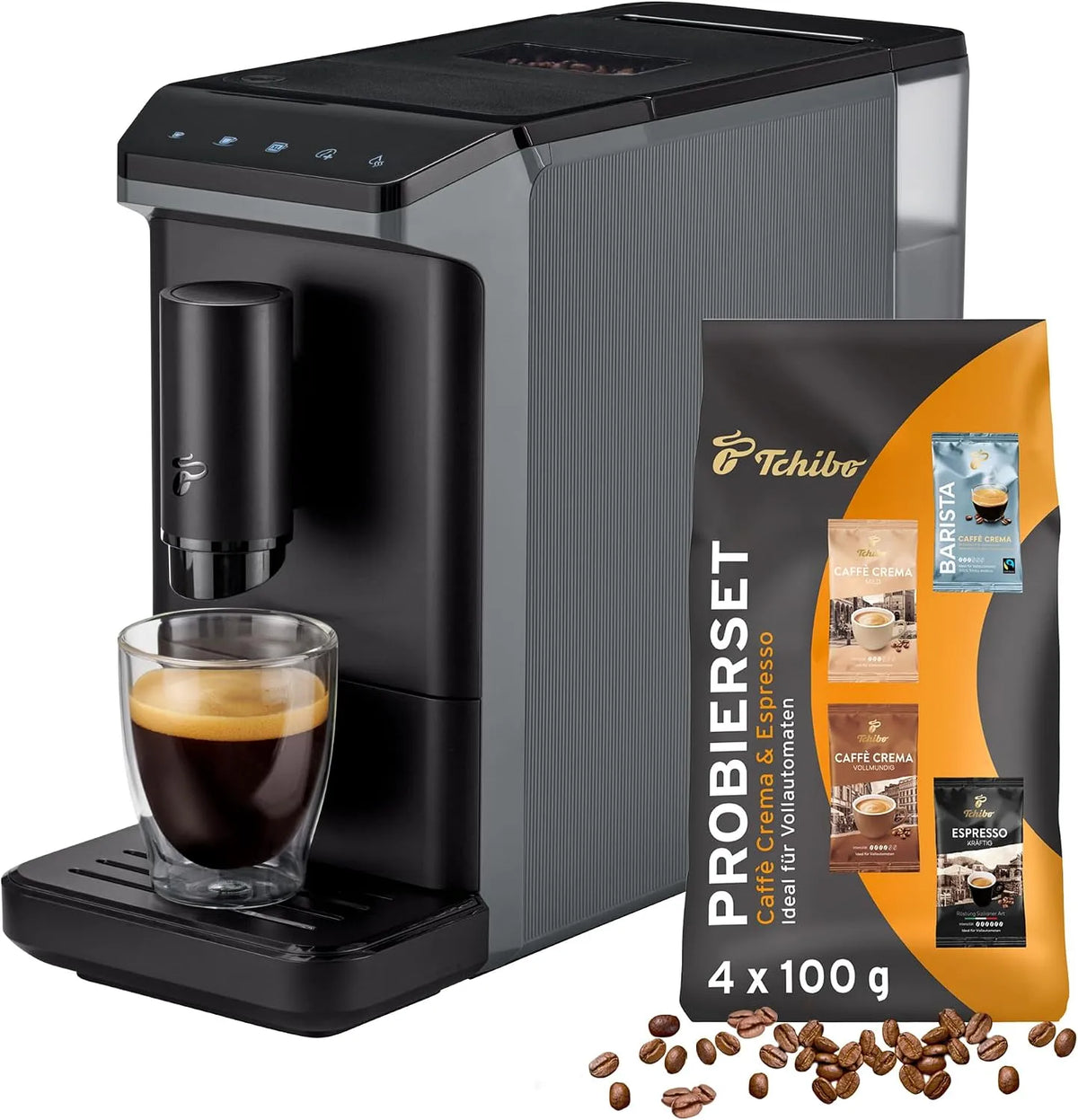 Kaffeevollautomat Tchibo, Esperto mini für Caffè Crema und Espresso, geeignet für jede Küche, Studentenapartment, Farbe Grau, nur 16cm breit, Camping