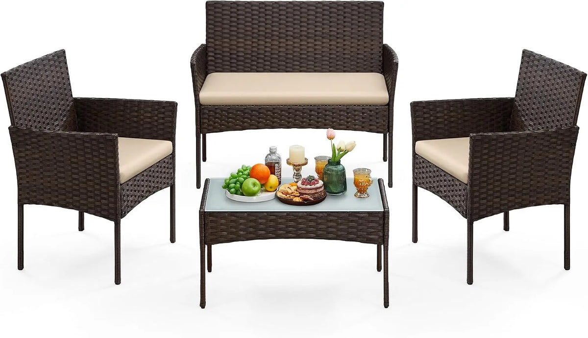 Braun Modell, SONGMICS Balkonmöbel GGF004K05, Gartenmöbel-Set, aus PE-Polyrattan, Lounge-Set, Terrassenmöbel, Outdoor, für Terrasse, Taupe