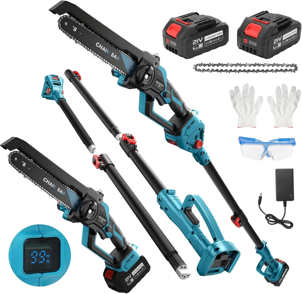 Makita 8 Zoll Kettensäge mit 8.5 ft Verlängerungsstange, Kompatibel mit 18 V, 2 Batterie, Bürstenlosem Motor, Automatische Kettenölung