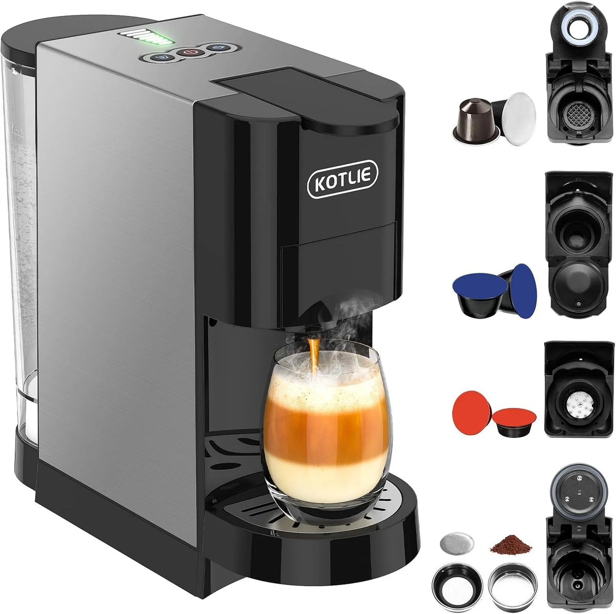 Kaffeemaschine AC-513HF, KOTLIE 5 in 1 für NES, 44mm, DG, a modo mio, Gemahlener Kaffee, ESE, Höhe für große Tassen, in Schwarz