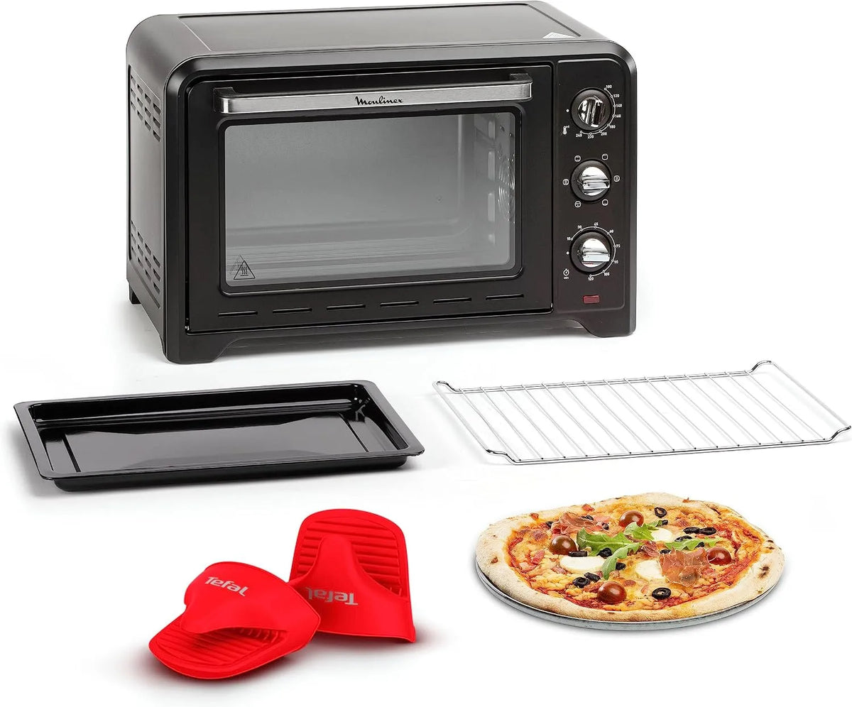 Moulinex Backofen OX464811, 6 Kochmodi, Timer 120 min, Spitzenkonvektion, Topflappen aus Silikon, in Schwarz, Standbackofen 33 l, Umluft, Optimo