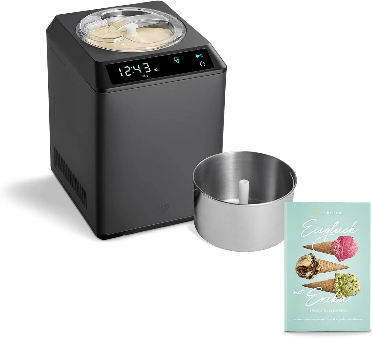 Eismaschine SPRINGLANE, & Joghurtbereiter Erika 2,5 L mit selbstkühlendem Kompressor 250 W, Eiscrememaschine aus Edelstahl mit Kühl- und Heizfunktion