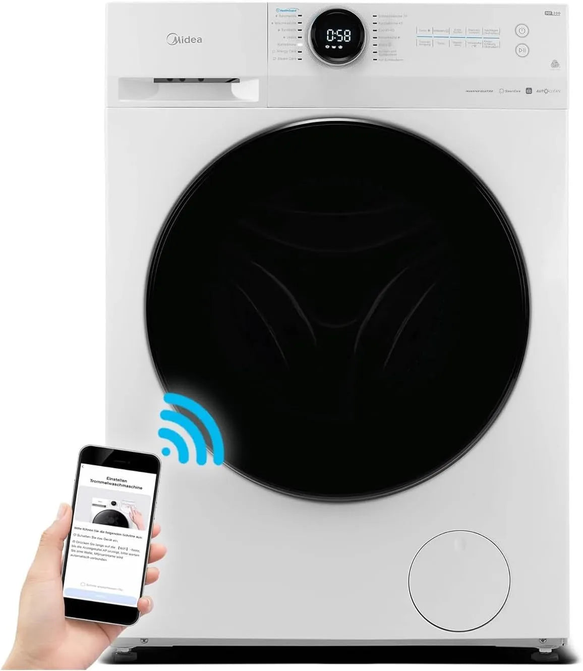 Midea Waschmaschine MF200W100WB-14A, Gewicht 10KG, 59,5 cm breit, 1400 u, Leiser Inverter-Motor, Modell Motor, min, Wasserschutzsystem, Steam Care