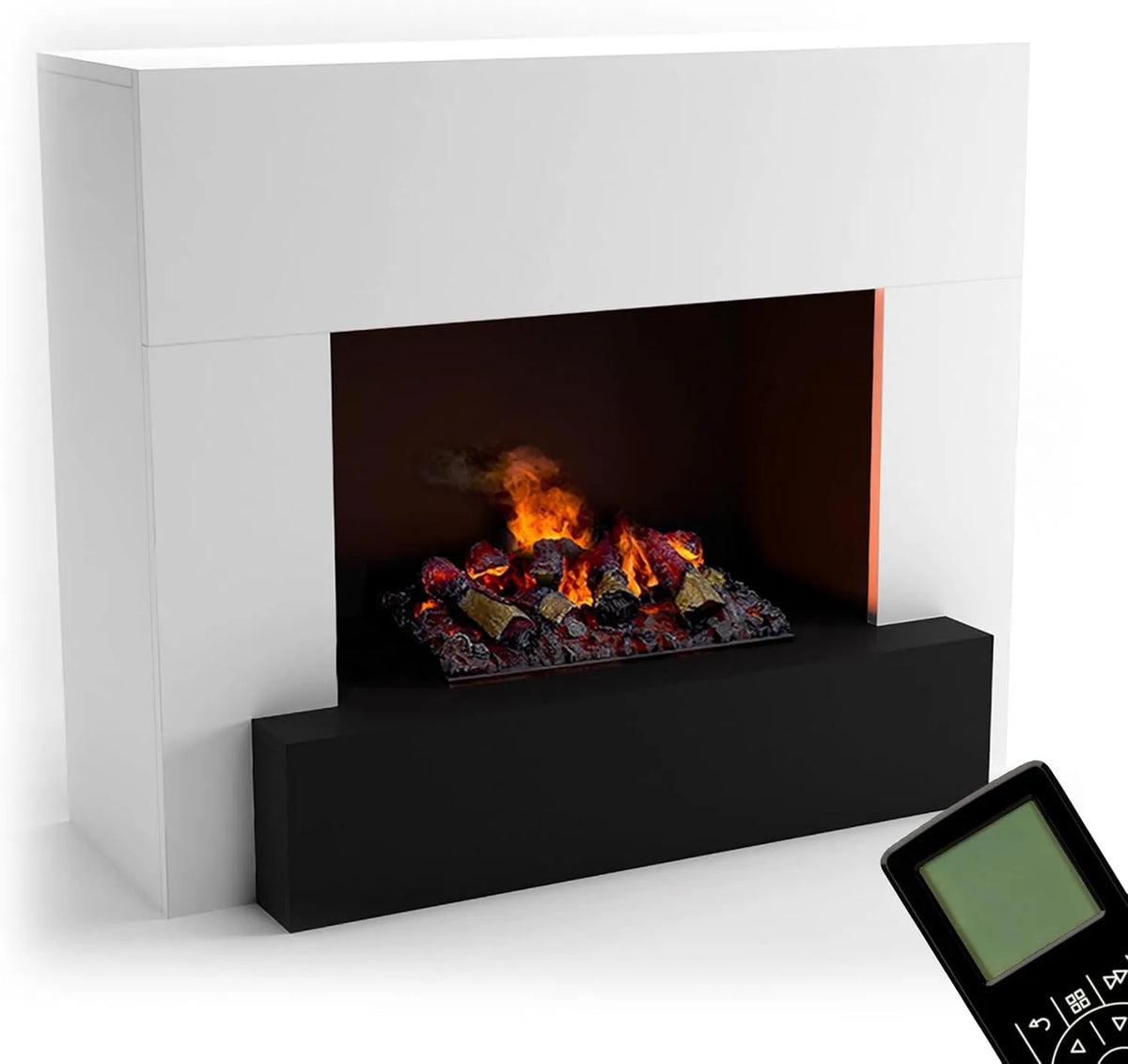 Elektrokamin 3D-Flammen, Opti-Myst 500 Elektro Kamin mit Holz-Deko, Standkamin, Knistereffekt & Fernbedienung, Maße 110x90x45 cm, Weiß