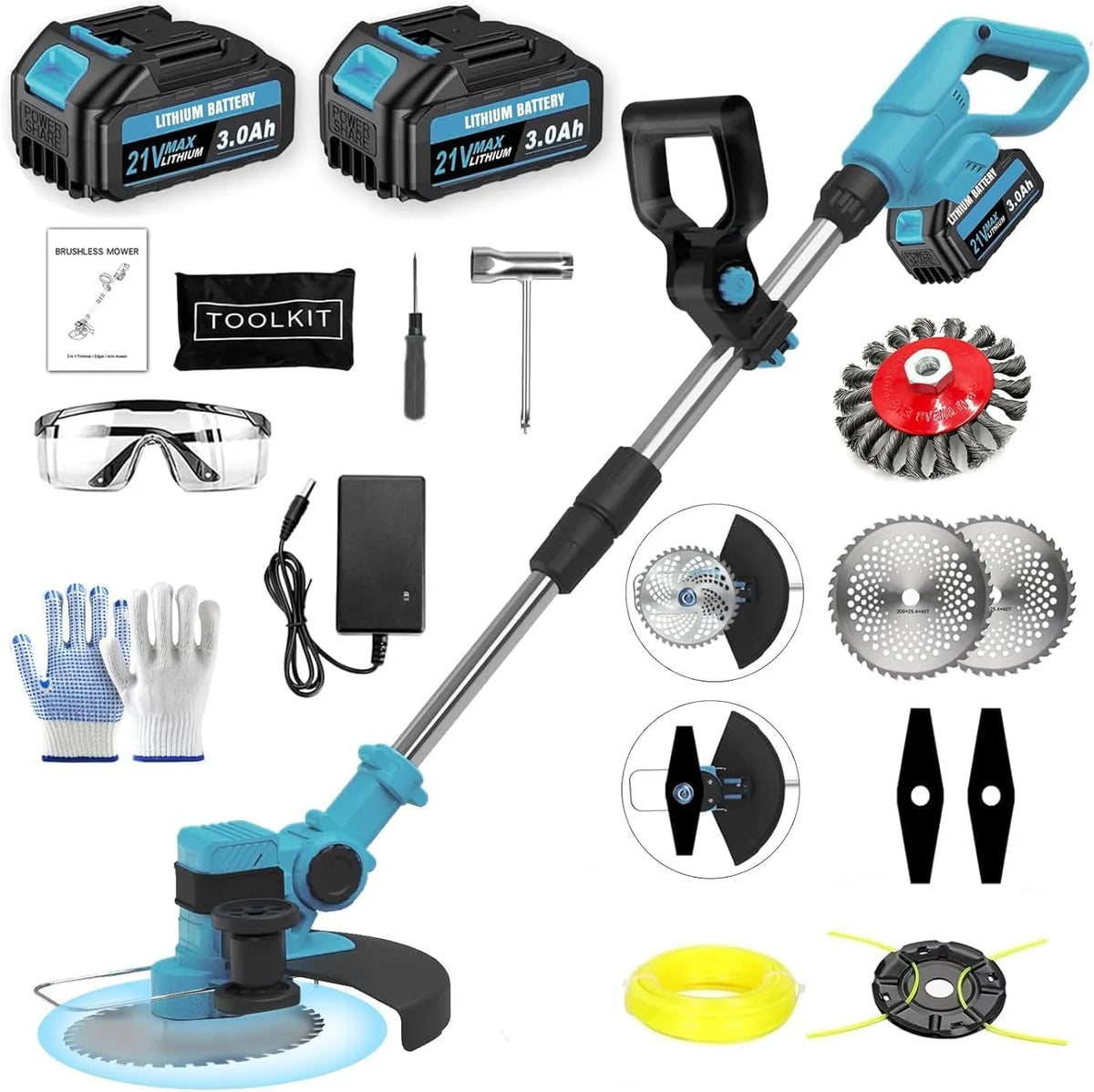 Makita Rasentrimmer, Akku für Akkus, 4 in 1 Elektrischer Freischneider, mit 2 x 21V Akku & 4 Klingentypen, für Garden Trimmen