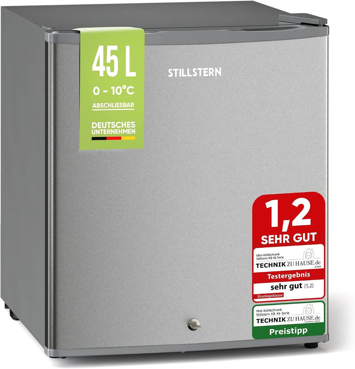 Kühlschrank R600A Stillstern Mini, E 45L mit Abtauautomatik, Schloss, Frostfach, Leise, Ideal für Küche, Büro, Schlafzimmer