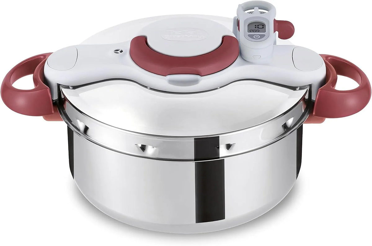 Tefal Modell, Fassungsvermögen 6Liter P46207, Clipso Minut' Perfect Schnellkochtopf, edelstahl, rot, mit Garbkorb und Timer, weiß