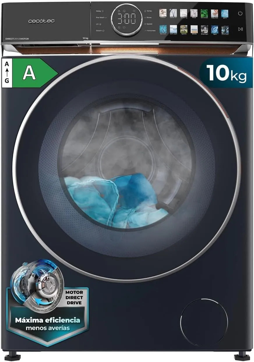 Cecotec Waschmaschine 10980 1400, min, FullColor Display, XXL-Tür, Gewicht 10 kg Frontbeladung Bolero DressCode Direct Drive Blue A. U, UV-Licht