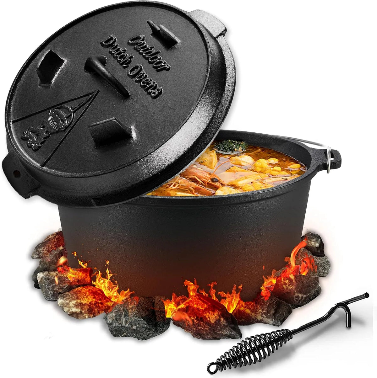 Modell 2in1 Dutch Oven, Gusseisen Topf mit Doppelfunktions-Deckel, Set 9 liter, Eingebrannter Feuertopf mit Deckelheber, in Schwarz