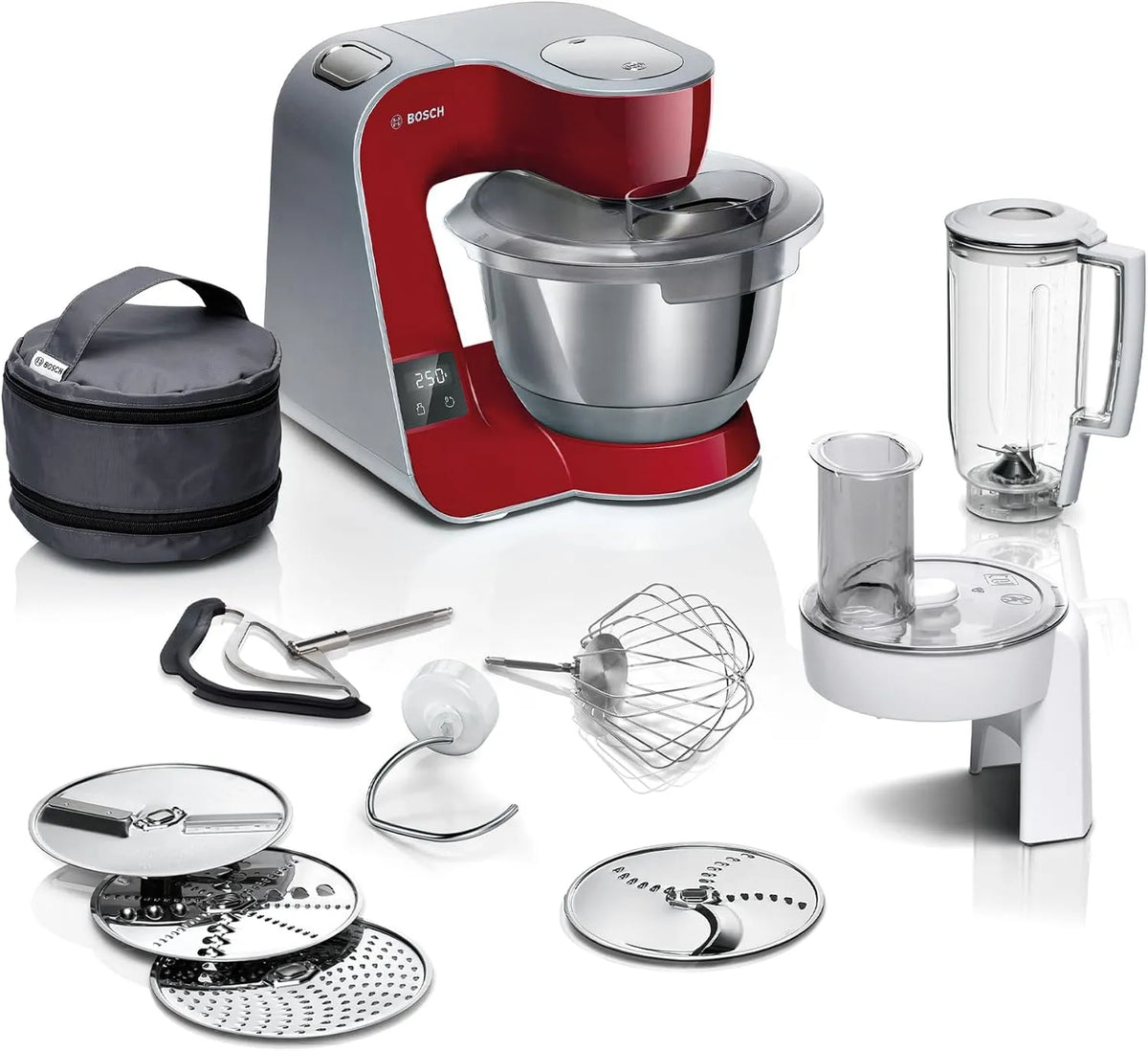 Bosch Küchenmaschine MUM5X720, Leistung 1000 W, Mixer 1,25L, Rührbesen spülmaschinenfest, Dunkelrot, Serie 4, integrierte Waage, Profi-Knethaken