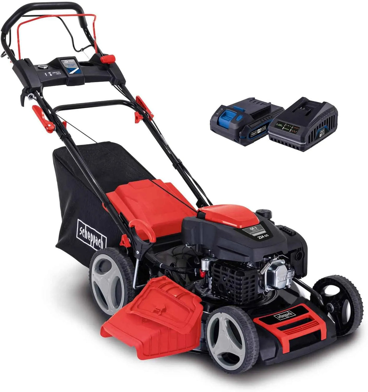 Scheppach Rasenmäher MS225-53E 6PS, 7-stufige Höhenverstellung, Fassungsvermögen 65 L Fangkorb, 53cm Schnittbreite, E-Start, Reinigungsfunktion