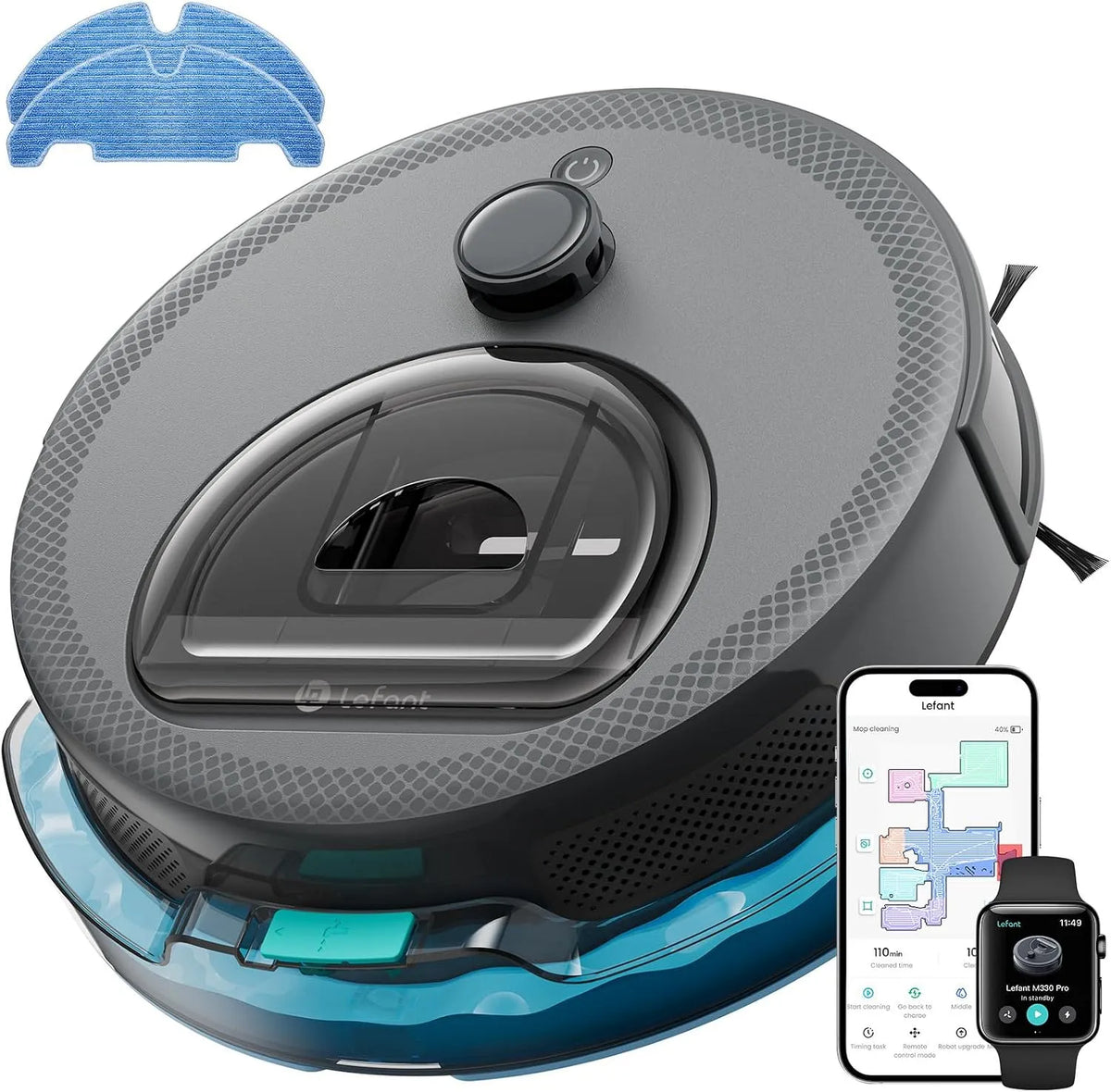 Saugroboter M330Pro LEFANT, 5GHz Wi-Fi, mit Wischfunktion, No-Go-Zone, LiDAR Navigation, Farbe Grau, 2.4G, 5000Pa Saugkraft, Multi-Floor Mapping