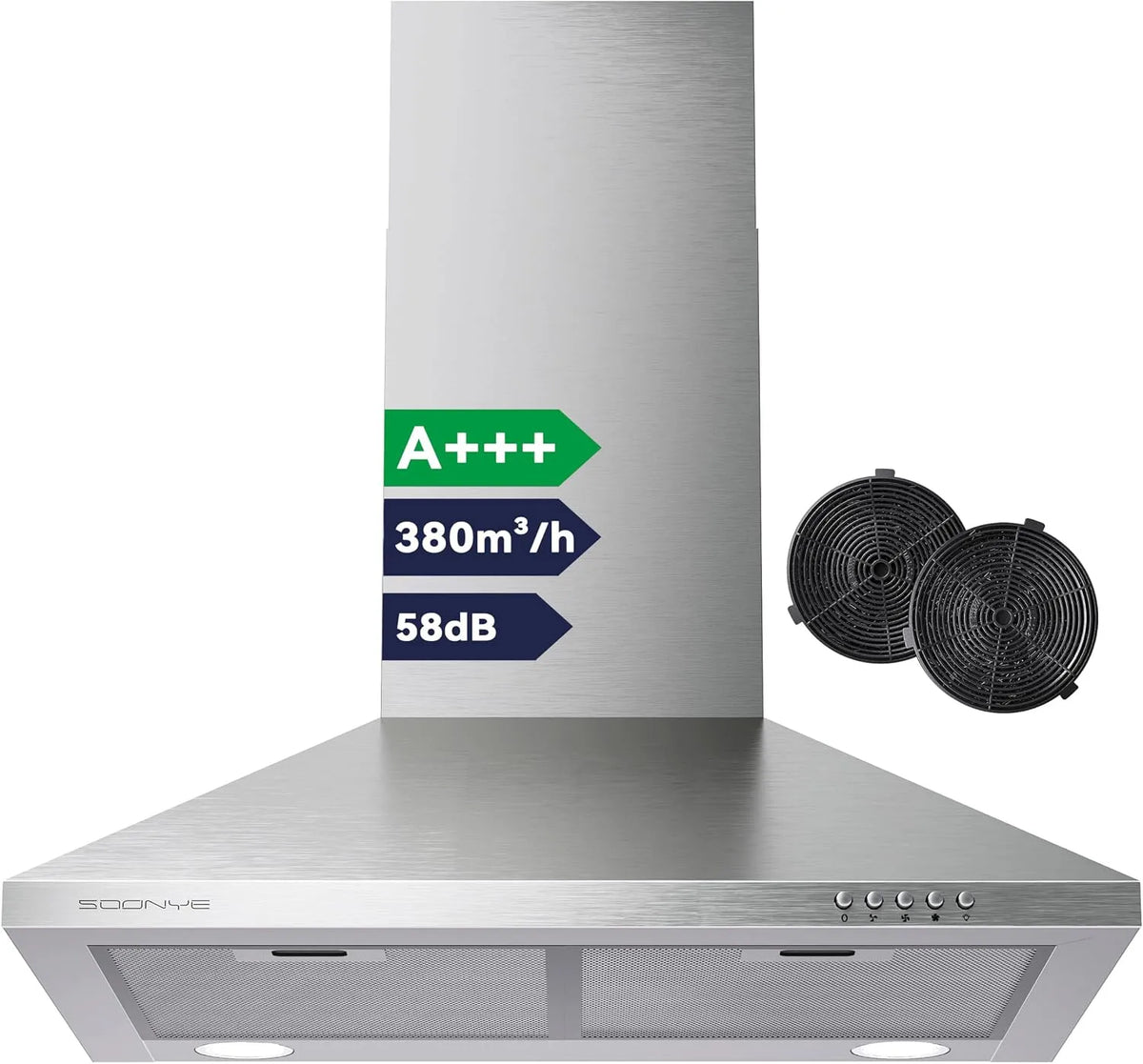 Dunstabzugshaube A+++, 60cm Umluft 380 m³/h, Fassungsvermögen 3 Leistungsstufen,2 LED-Beleuchtung, Abluft Abzugshaube Silber Edelstahl