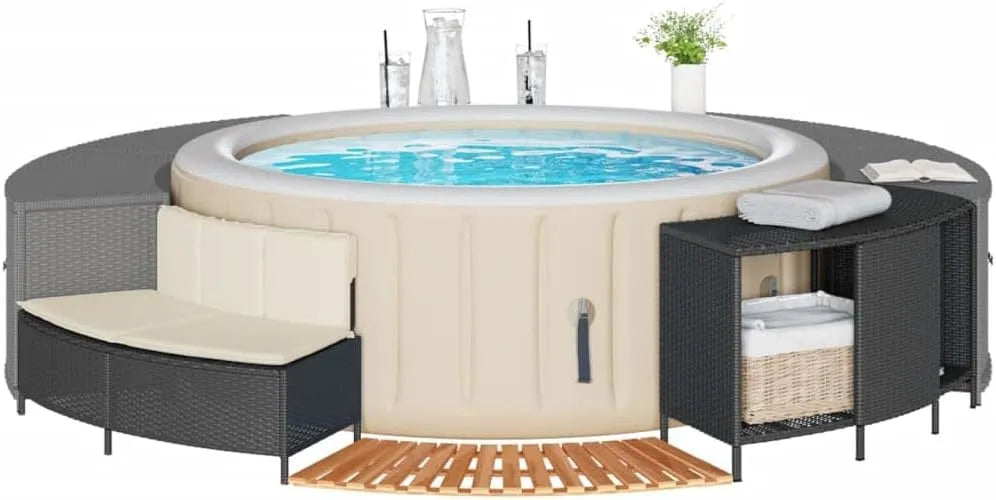 Whirlpool Umrandung Farbe Schwarz Poly-Rattan und Massivholz Akazie Schwimmbecken Poolumrandung