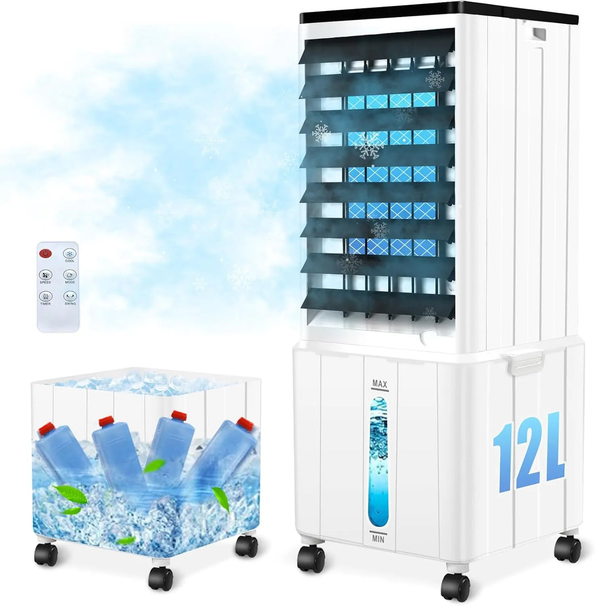 Klimaanlage 12H, 3 Modus, Fassungsvermögen 12L 60W Mobil mit Timer, 40dB, 120°Oszillation, Klimagerät ohne Abluftschlauch, Abnehmbare Wassertank