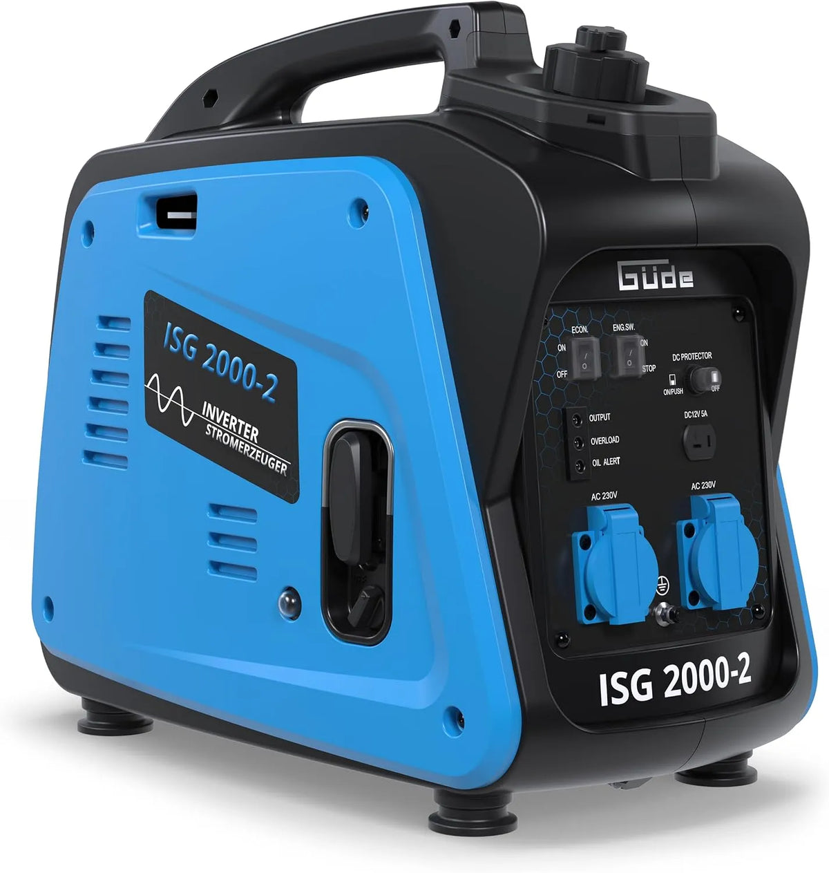 Güde Stromerzeuger ISG 2000 2000-2 4-Takt-OHV-Benzinmotor, Inverter -2, 2x 230 V, Laufzeit bis 5,9 h, PS, Antivibrationsfüße, max. 2000 W