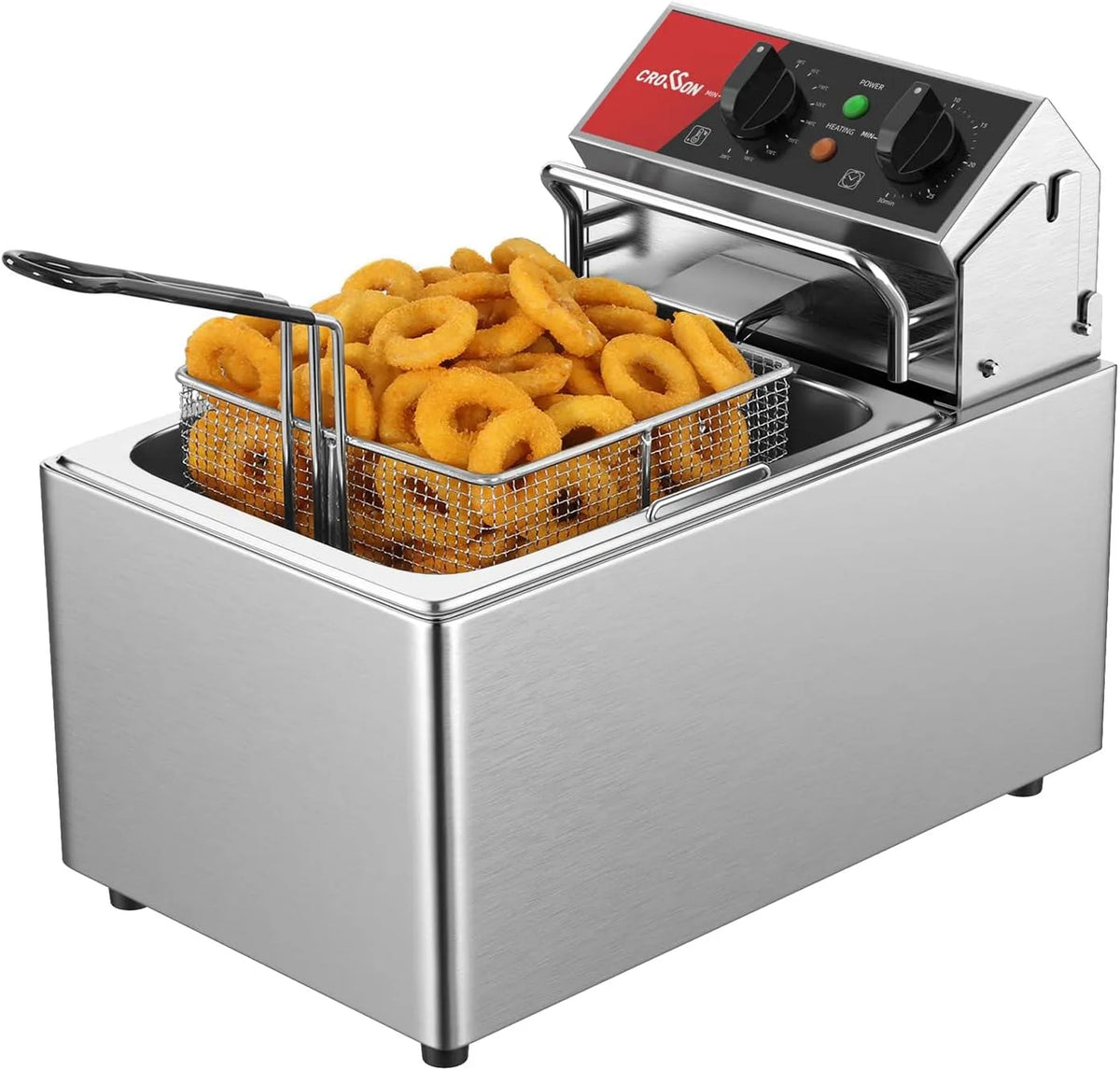 CROSSON 8L elektrische Fritteuse mit EGO-Thermostat 30-Minuten-Timer, Fassungsvermögen 8L Single Tank, abnehmbarer Ölbehälter, massiver Edelstahlkorb