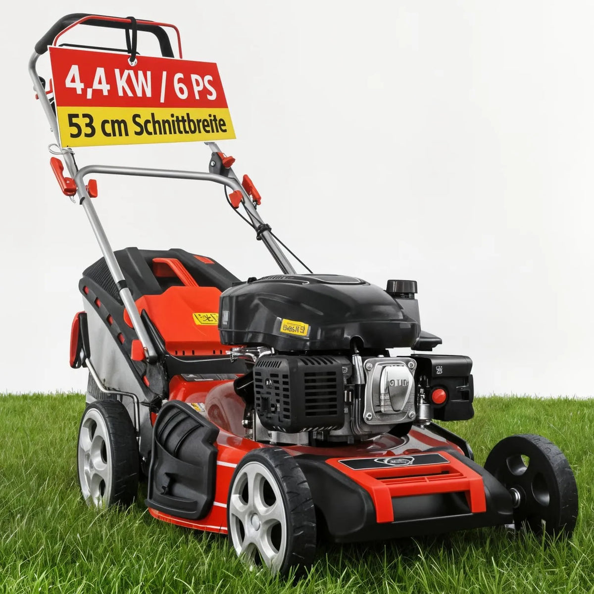 Rasenmäher, HECHT 5-IN-1 Benzin, Fassungsvermögen 75 l Fangkorb, Seilzug Starter, patentierte Räder, Mulchmäher, mit 53 cm Schnittbreite, 6,0 PS