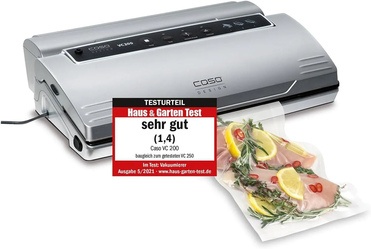 Caso Modell, Lebensmittel bleiben bis zu 8x länger frisch VC200, inklusive. 2 Profi-Folienrollen & Schlauch für Vakuumbehälter, Vakuumierer