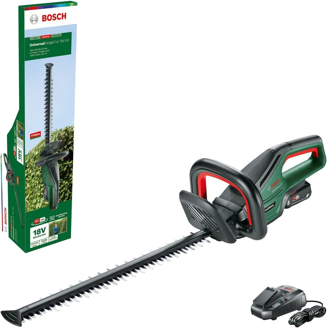 Bosch Heckenschere 18V-50 18-Volt-System, Akku UniversalHedgeCut, 1 Akku 2,5 Ah, Messerlänge 50 cm, im Karton, Modell Spannung