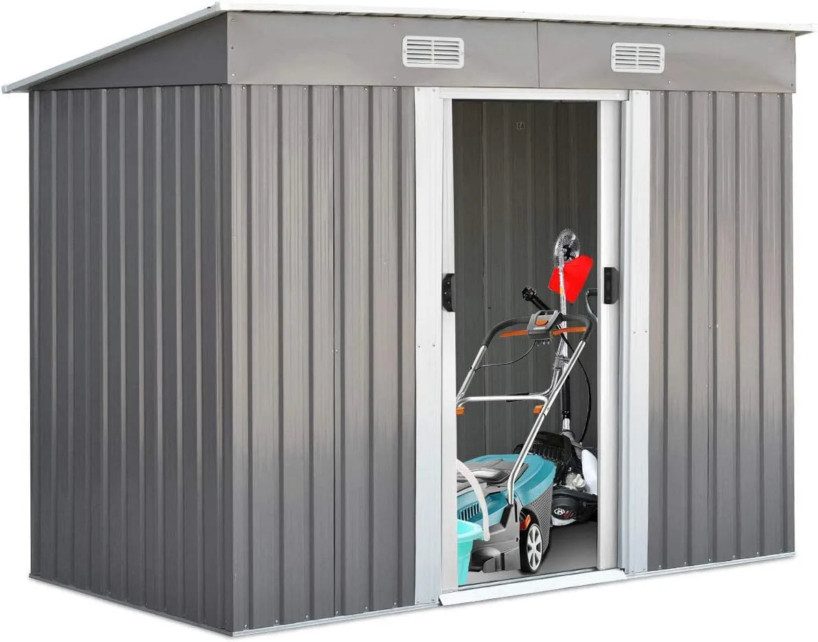 Costway Gerätehaus, Gartenhaus mit 2 Schiebetüren, Maße 238x131x181cm, Metall, Geräteschuppen Outdoor, Garten Schuppen mit Pultdach, Farbe Grau