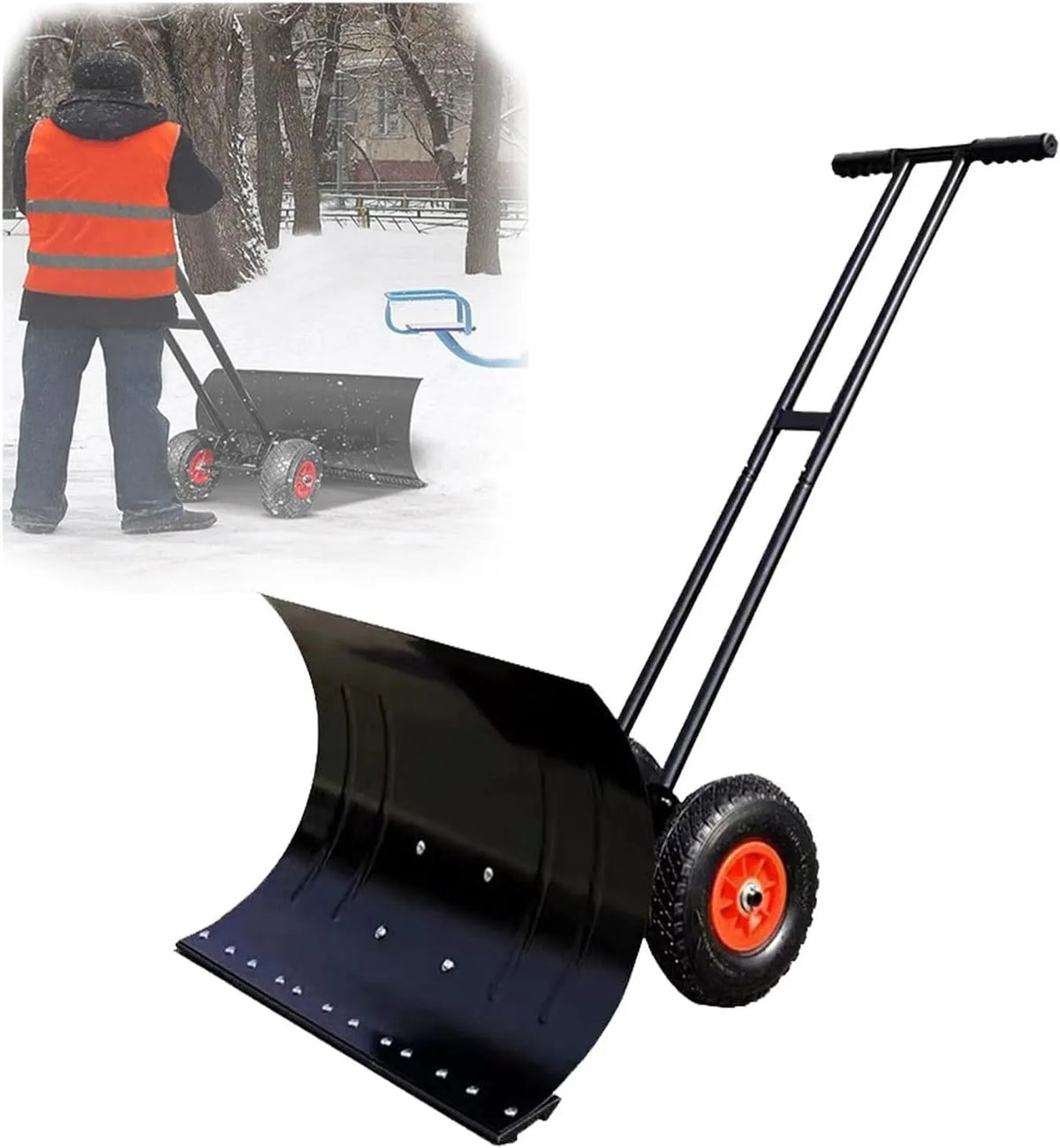 Schneefräse, Manuelle, schneeschaufel Handschiebende Schneeschaufel, Zweipolige Schneeräumschaufel Aus Stahl Mit Rädern, Verstellbarer Griff