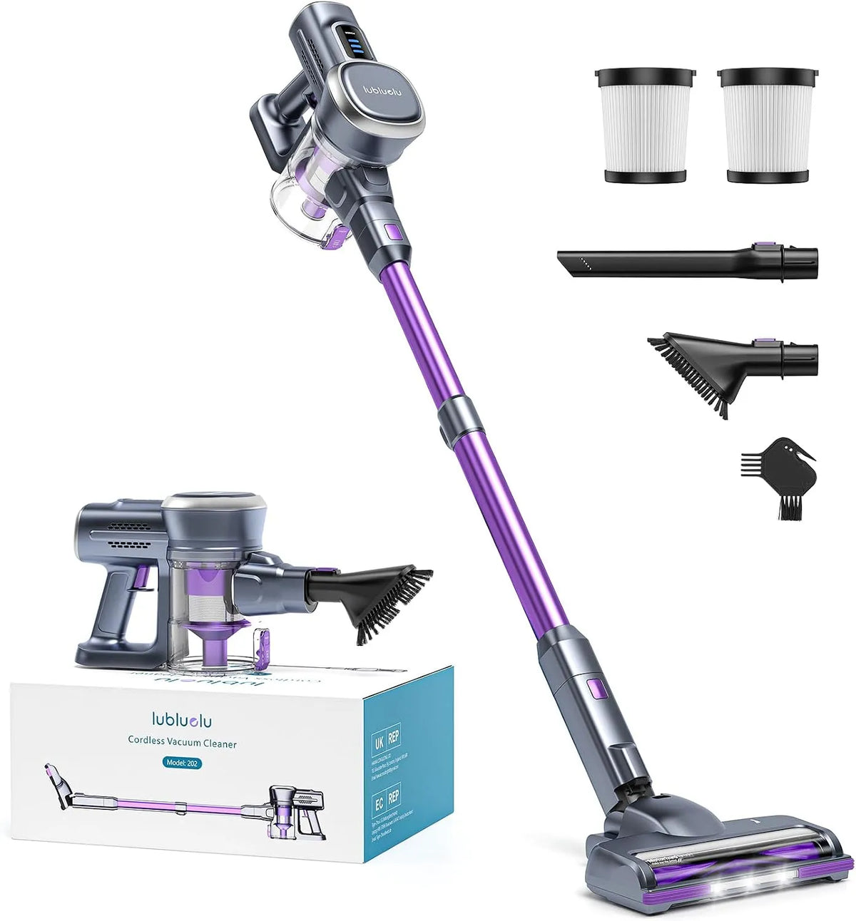 Staubsauger 50Min Lubluelu Akku, Kabellos mit LED-Bürste & HEPA Filter, Vaccum Cleaner in freistehender Ausführung für Hartböden, Teppiche, Tierhaare