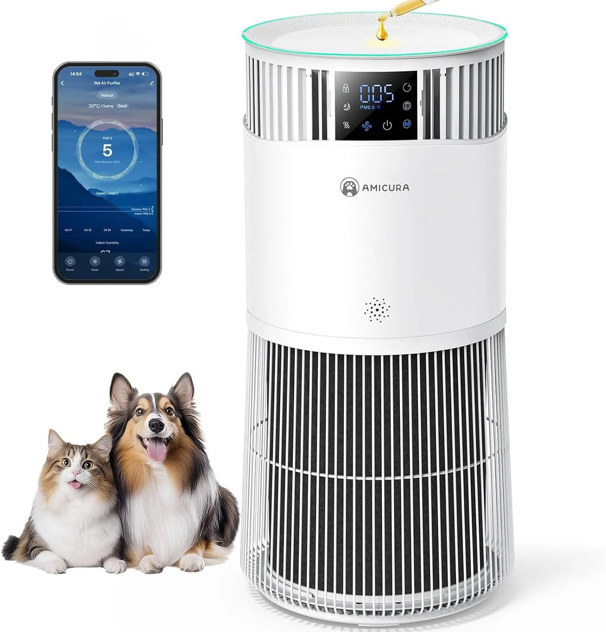 Luftreiniger H13, 92% Tierhaare Entfernung, P2 Modell, App Steuerung, Weiß, P2 mit HEPA Filter, <32dB Nachtmodus, Intelligent, Sicher für Katzen