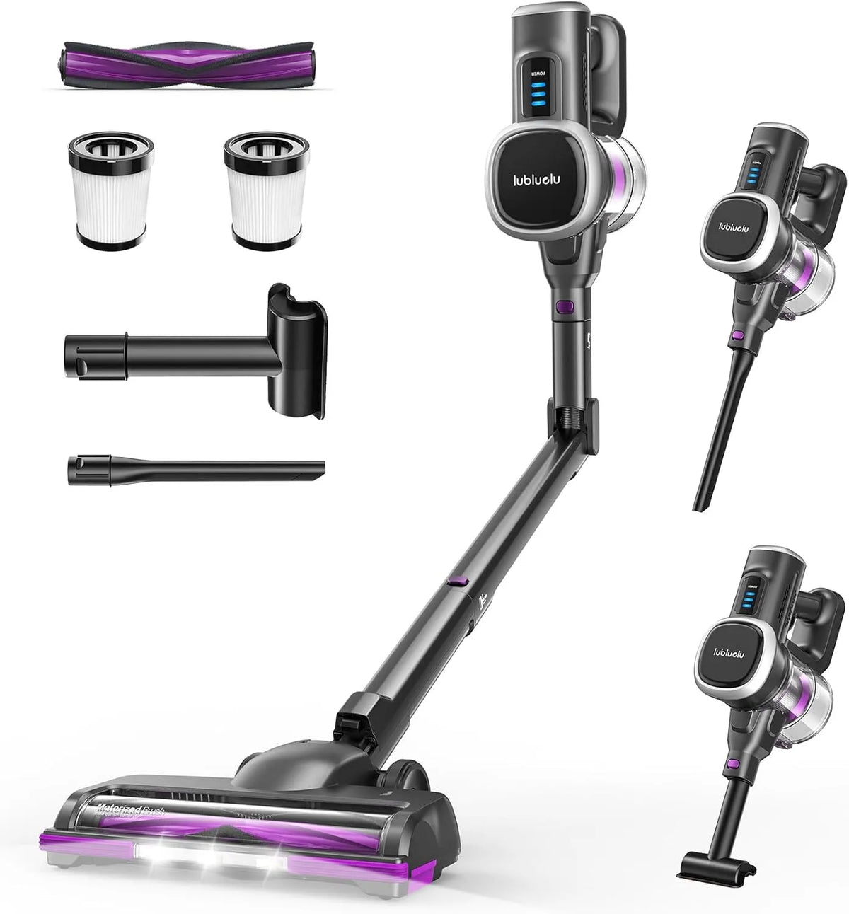 Staubsauger Lubluelu Kabelloser, Selbststehend mit LED-Anzeige und Faltbarem Rohr, Teppiche, in Schwarz-Violett, Leicht & Leise, Hartböden und Auto