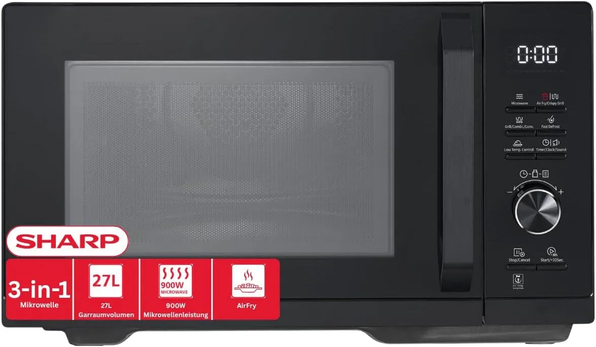 Sharp Mikrowelle RCA271TB, Grill 1000 W, Konvektion 2100W, Heißluft & AirFry-Funktion, in Schwarz, 5-in-1 Airfry 900W, Fassungsvermögen 27 L