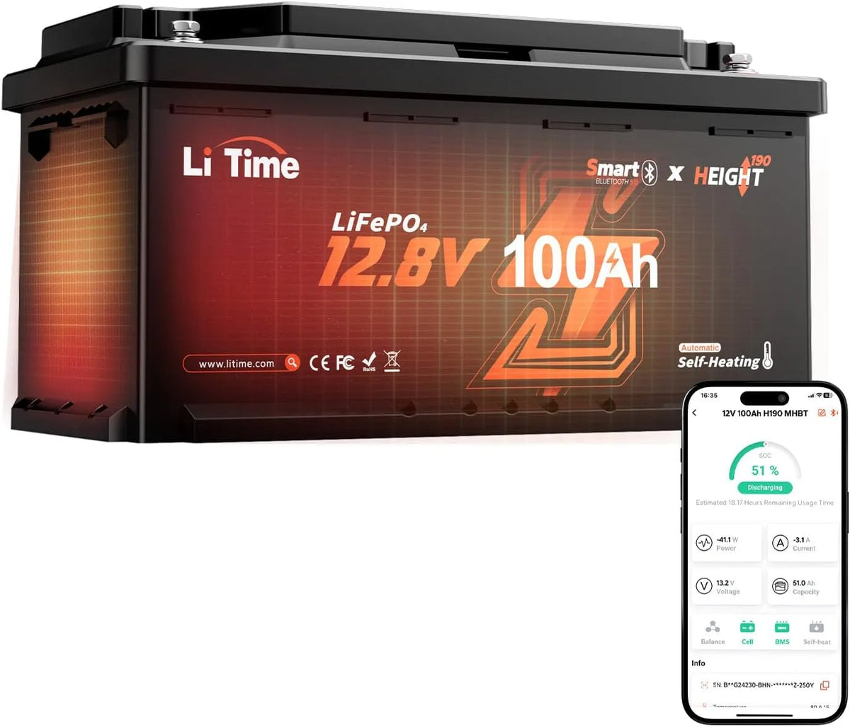 LiTime 12V 100Ah Batterie Bluetooth Größe LiFePO4 H190 15000, 1280Wh Lithium Batterie Max. Zyklen, für Wohnmobil-Untersitz DIN H8 L5 Größe, Camping