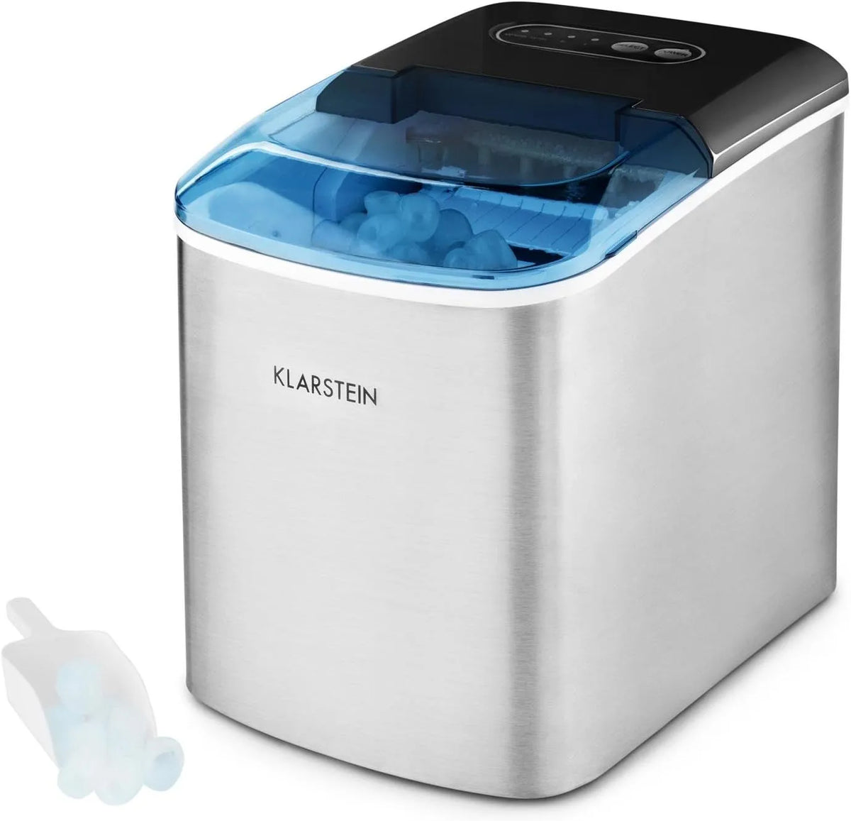 Klarstein Eismaschine, Gewicht 12 kg, Leistung 2 Würfelgrößen, 24 h, Leistung 120W, 6-12 min, Fassungsvermögen 2,1 Liter Wassertank, On-The-Rocks