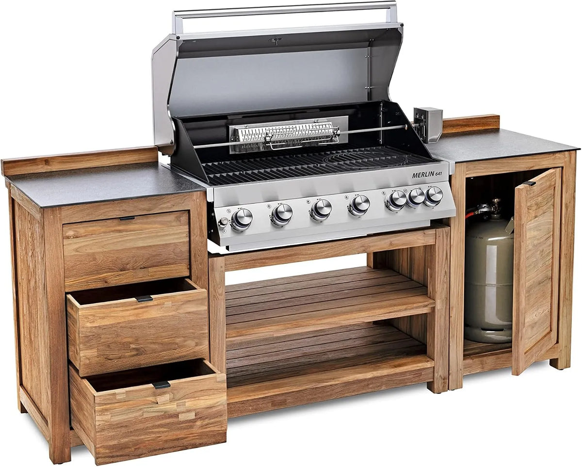 Grill Outdoor, inklusive 6-Brenner Built-In Edelstahl-Gasgrill Merlin 641, Küche 3-teilig aus Teak-Holz