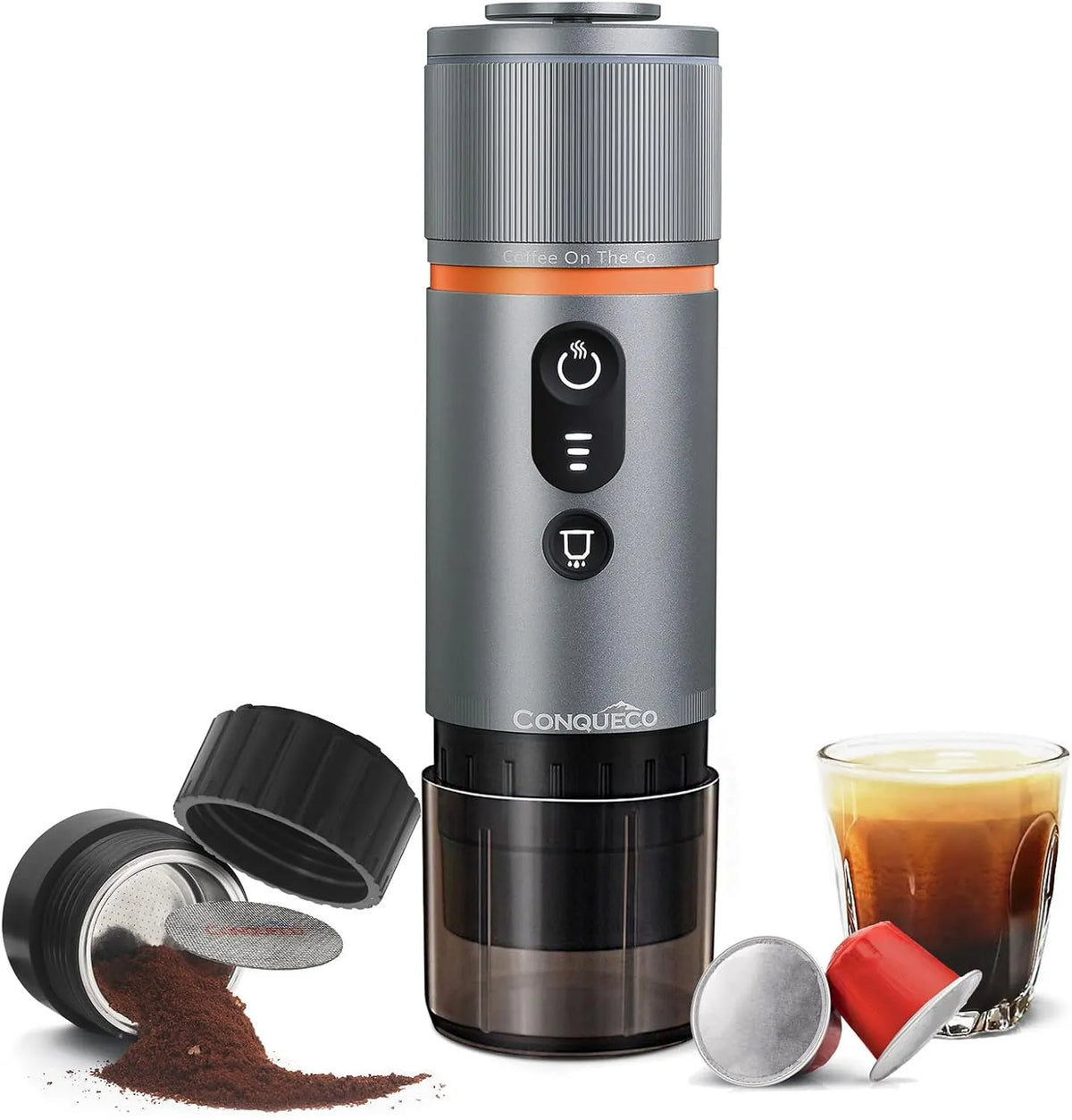 Kaffeemaschine CONQUECO, 2 in 1 für gemahlenen kaffee und NS, Auto Espressomaschine 12v: tragbar Akku Espresso Maker für Camping Reise, kapseln