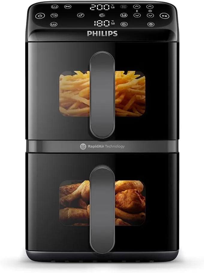 Philips Heißluftfritteuse 4000 NA460/00, Gestapelte mit 2 Körben, 45% weniger Platzbedarf, PFAS-freie Keramikbeschichtung, Fassungsvermögen 10L