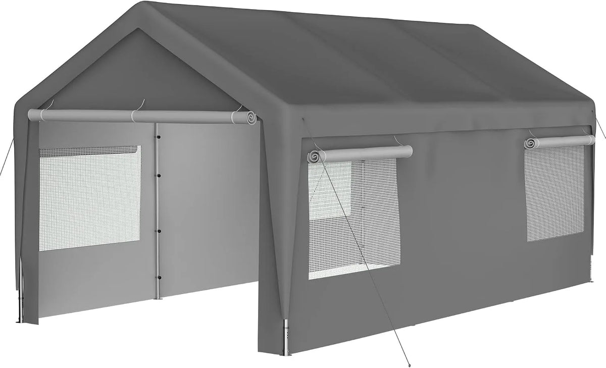 Carport, Garage Zelt 3x6m, 10X20 FT Farbe Grau, Winterfest mit Roll-Up-Fenstern, Abnehmbaren Seitenwänden & Dach, Lagerzelt, Stallzelt, SUV